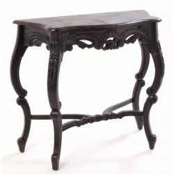 Solid wood vintage console table with carved legs and skirt in a black painted finish