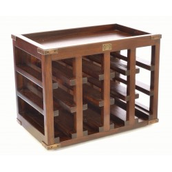 Solid mahogany dark wood 12 bottle wine rack with grid type storage area and brass corner strengtheners