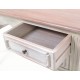 Solid wood painted desk with a delicate carved front, two drawers and finished in a shabby chic finish
