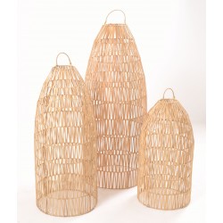 Tall conical shpaed lightshades made from ratan and left with the natural colourning