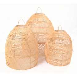 Tall bulbous conical shaped lightshades made from ratan and left with the natural colourning