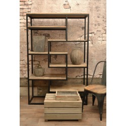 Industrial style metal land wood open bookcase with a selection of different sized fixed shelves